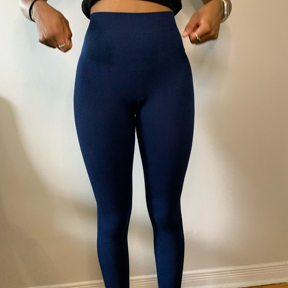 SHEINOFFICIAL- Solid Ribbed Knit Sports Leggings - Picture 1 of 5